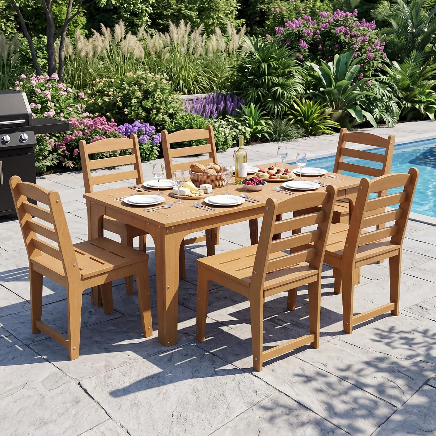 HDPE Patio Dining Set for 6, 7 Piecs Outddor Table & Chairs, Teak Rectangular Table with Umbrella Hole & 6 Chairs All-Weather Resistant Patio Furniture Set for Poolside Garden Backyard Deck