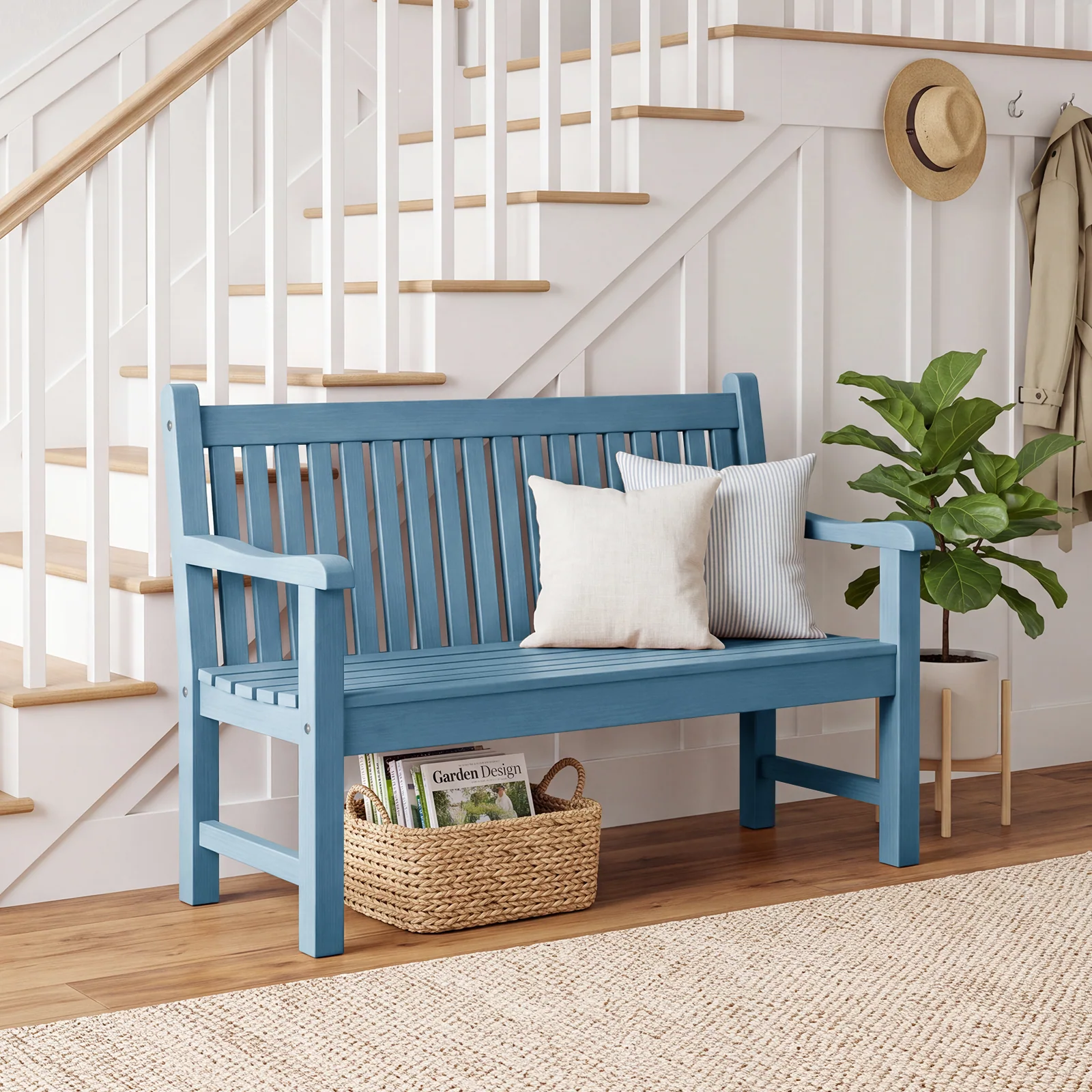 2-Person Outdoor Bench with 700 Lbs Weight Capacity, Blue Poly Lumber Weatherproof Garden Bench Seating for Porch, Balcony and Park, All-Weather Patio Bench Furniture
