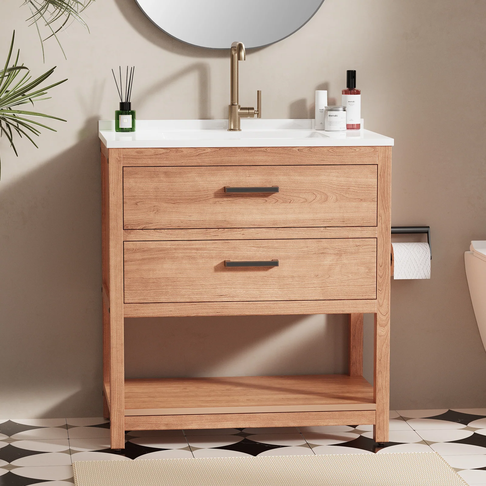 30 Inch Bathroom Vanity with Sink, Waterproof Farmhouse Freestanding Cabinet in Teak, SMC Resin Countertop with Drawers